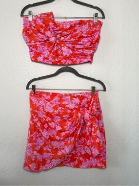 DO+BE Red Pink Floral 2-Piece Bandeau Top Bow & Wrap Skirt Set M Linen Blend